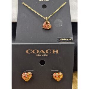Coach Heart Necklace Earrings Set Gold w Pave set red clear cz NWT Gift Set